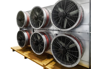 Industrial cooling system with large exhaust fans installed on a wooden platform for ventilation applications