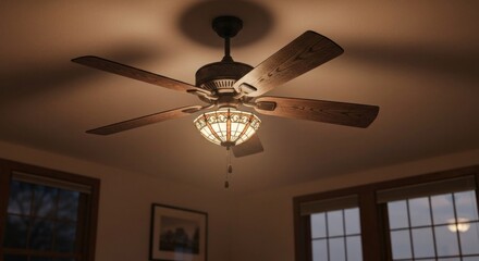 A lit ceiling fan with stained glass light and wooden blades is centered