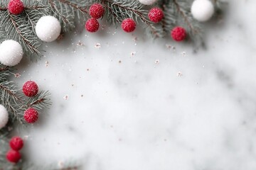 Christmas frame with fir tree branches, white balls, red berries and confetti on marble background. Flat lay, top view, overhead