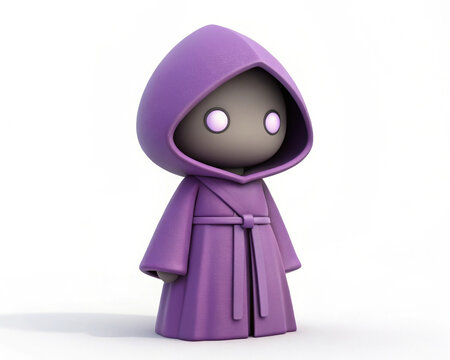 Cute cartoon purple hooded figure with glowing eyes, minimal character design on white background - Powered by Adobe