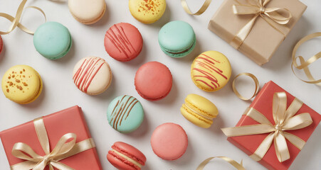 Obraz premium Colorful macarons with gift boxes and ribbons for celebration 
