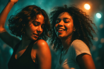 Two friends dancing and smiling under teal-orange lights—joyful nightlife portrait. generative AI