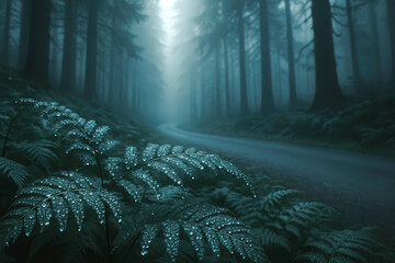 Dew-covered fern in moody blue forest; misty pines and a winding path fade into atmospheric light. Quiet, cinematic nature background — generative AI