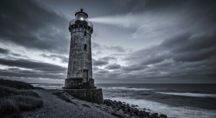 A lone weathered tower emits a beacon of light across a dark, stormy sea