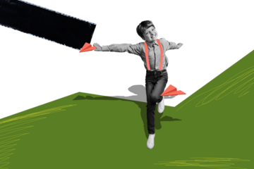 Composite photo collage of happy grin boy throw paper plane origami spring weather grass park outdoors walk isolated on painted background