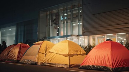 Colorful tents outside shop during night sale event