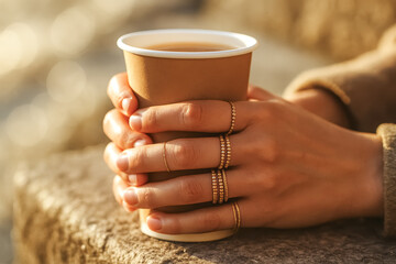 Close-up of hands with minimalist gold rings holding a paper coffee cup in warm sunlight; cozy lifestyle detail. generative AI