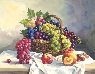 Watercolor still life of a basket overflowing with fruit