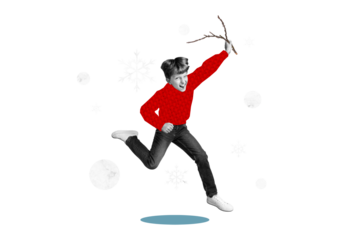 Sketch composite trend 3D collage of winter season advent Christmas holiday happy young small boy hold stick run fooling childish snow