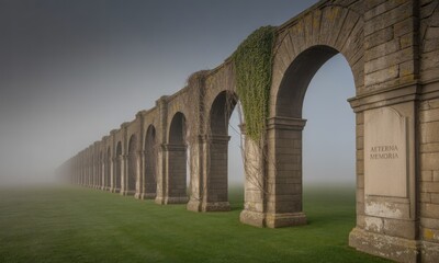 A long stone aqueduct fades into mist over green grass, a plaque reading "Aeterna Memoria.