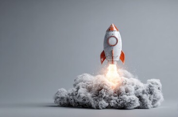 Small rocket launching with smoke and fire against a plain gray