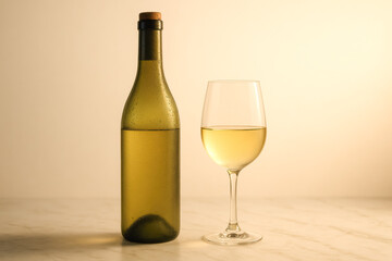 Minimal studio still life of dewy white wine bottle and filled glass on marble counter with soft beige background, elegant tasting mood — generative AI
