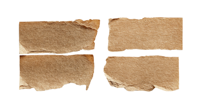 Four rectangular paper pieces, torn edges, arranged on black background