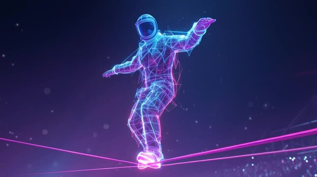 Futuristic holographic figure balancing on hoverboard