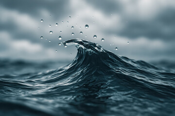 Sharp macro of a cresting ocean wave with suspended droplets under moody sky; dynamic water texture. generative AI