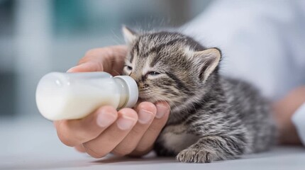 Cute kitten drinking milk from bottle