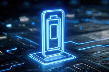 Glowing neon phone with battery icon levitating above a circuit board, tech concept