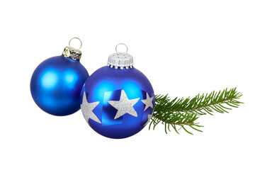 two dark blue christmas balls with fir branch decoration isolated