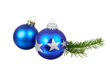 two dark blue christmas balls with fir branch decoration isolated