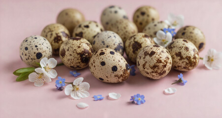 Obraz premium Quail eggs arranged with flowers on pink background 
