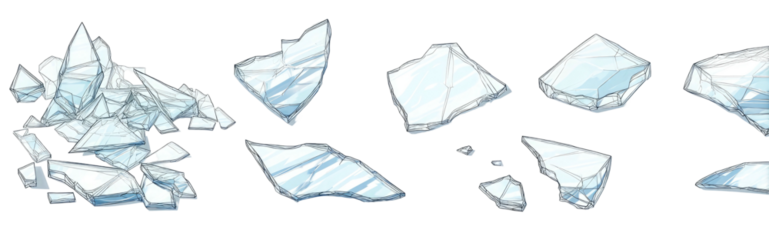 A collection of translucent, fragmented shapes, potentially shards, arranged on a black background