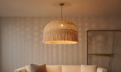 A macrame pendant lamp casts patterned light, illuminating a neutral-toned living space