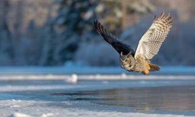 A majestic owl with outstretched wings glides above a snowy lake, forest background