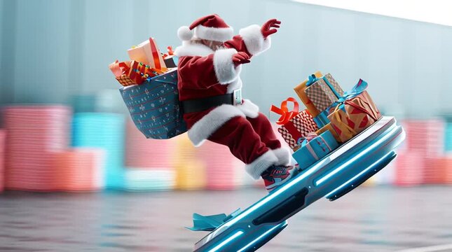 Santa Claus riding futuristic hoverboard with gifts