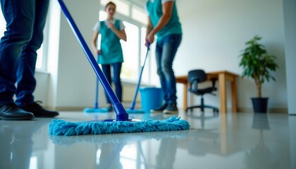 Three diverse individuals cleaning a modern office space. Two women and one man use mops on shiny floors. A potted plant and a desk are visible in the background.