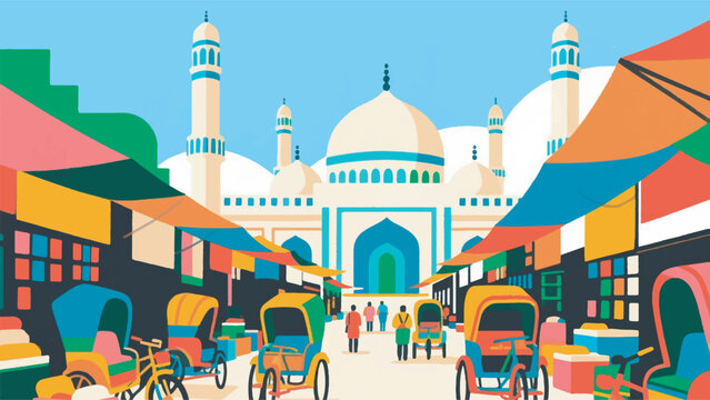 Illustration Of The Baitul Mukarram National Mosque With A Market Full Of Colorful Rickshaws Vector Design Template