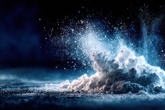 White powder exploding against a dark background in an enigmatic setting with mystique