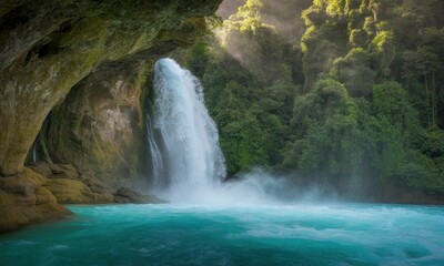 A majestic waterfall plunges into turquoise waters, framed by a cavern and lush greenery