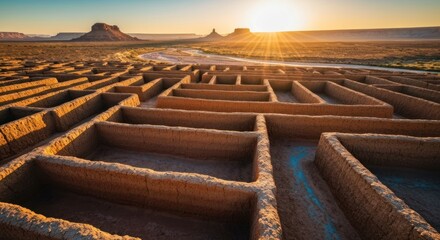 A maze of adobe walls stretches towards a desert sunset, distant mesas in view