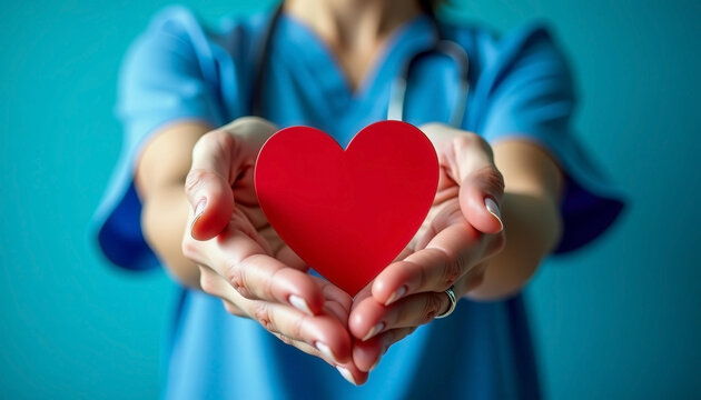 A nurse holds a red heart symbol. She is wearing a blue uniform and a stethoscope around her neck. The background is light blue. - Powered by Adobe