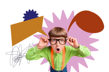 Composite trend artwork sketch image photo collage of speech cloud chatting message sms social media young school age boy eyewear face omg