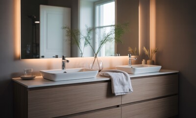 A modern bathroom with double sinks, plants, and a large mirror with backlighting