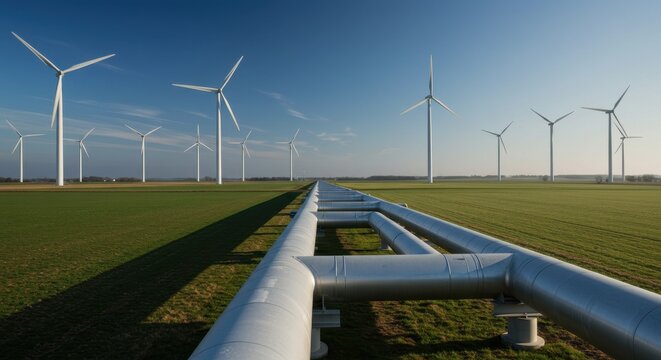 Wind turbines stand tall on a vast green field beneath a clear blue sky, pipeline foreground