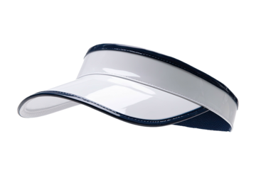 Shiny, white, protective headwear with a dark blue trim; curved plastic piece