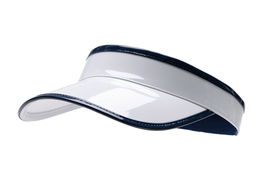 Shiny, white, protective headwear with a dark blue trim; curved plastic piece