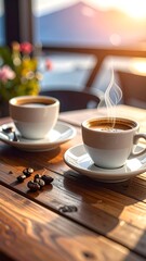 Fototapeta premium Two steaming coffee cups on a wooden table