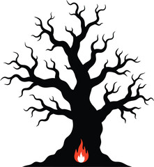 Fototapeta premium Spooky black silhouette of a dead, barren, and twisted oak tree with gnarled branches, featuring a small orange and red campfire burning at the base for a mystical gothic or halloween night vector.