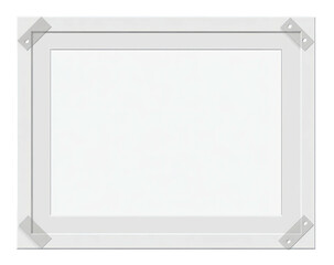 A blank white paper is taped to a white frame against a black backdrop, simplicity