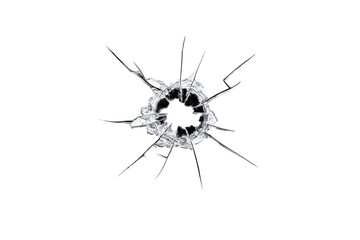 A close-up of a broken glass surface, with a circular fracture and radiating cracks