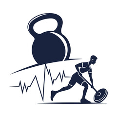 Fitness Training Vector with Athlete Lifting Kettlebell and Heartbeat Line Design