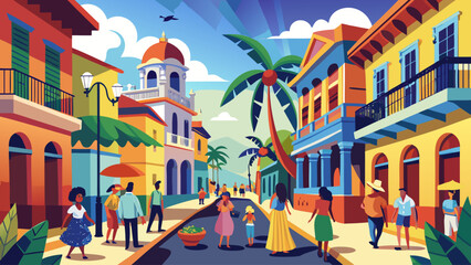 A colorful street scene with people walking and a palm tree in the background. Scene is lively and vibrant