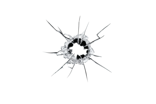 A close-up of a broken glass surface, with a circular fracture and radiating cracks