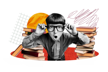 Composite photo collage of shocked nerd schoolboy hold glasses mouth open book stack back school library read isolated on painted background