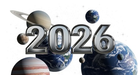 Fototapeta premium Chrome Year 2026 in Space with Planets and Stars - The presents the year 2026 in chrome, set against a backdrop of planets, stars, and outer space.