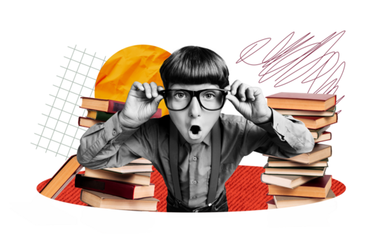 Composite photo collage of shocked nerd schoolboy hold glasses mouth open book stack back school library read isolated on painted background - Powered by Adobe