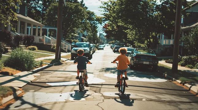 Kids riding bicycles on suburban street